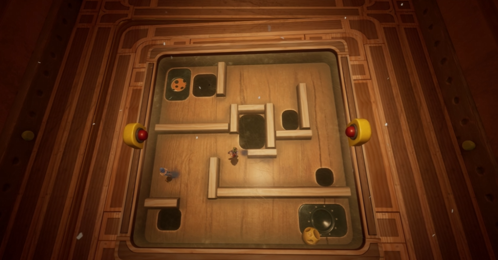 Tiny characters navigate wooden maze board puzzle indoors