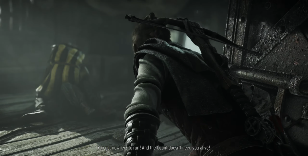 Amicia A Plague Tale crouching in dimly lit room.