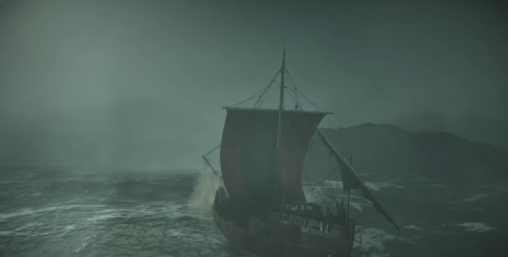 Ship sailing stormy sea under dark sky.