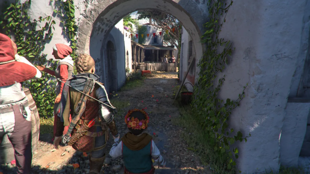 Assassin's Creed character walking through village archway.