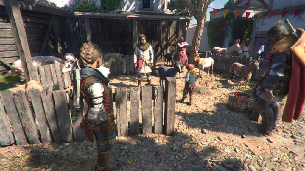 Character interacts with villagers in a rustic farm.