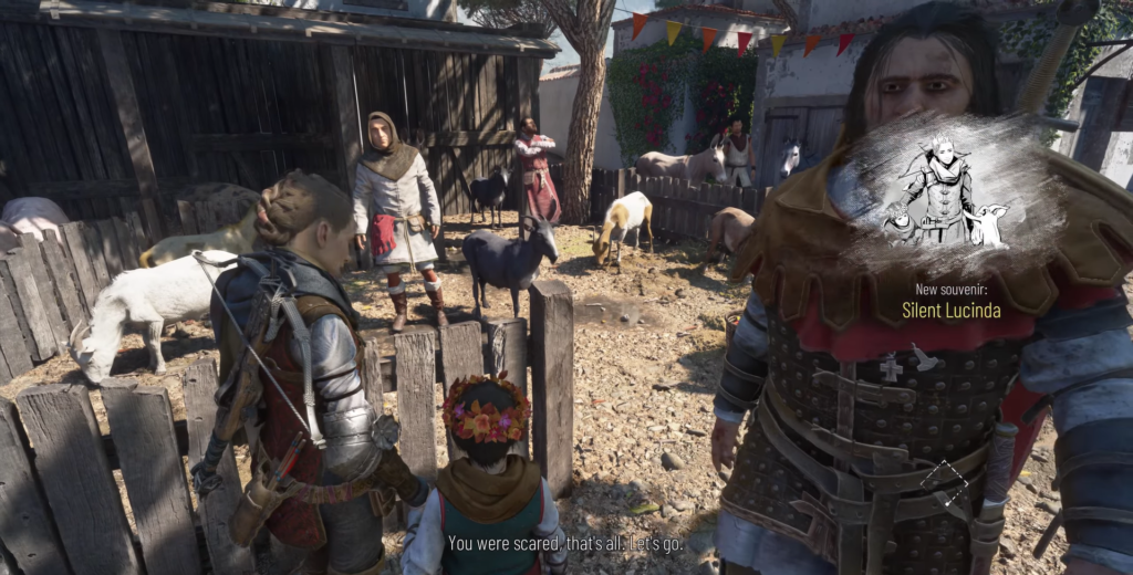 Characters interact in a rustic farm setting.
