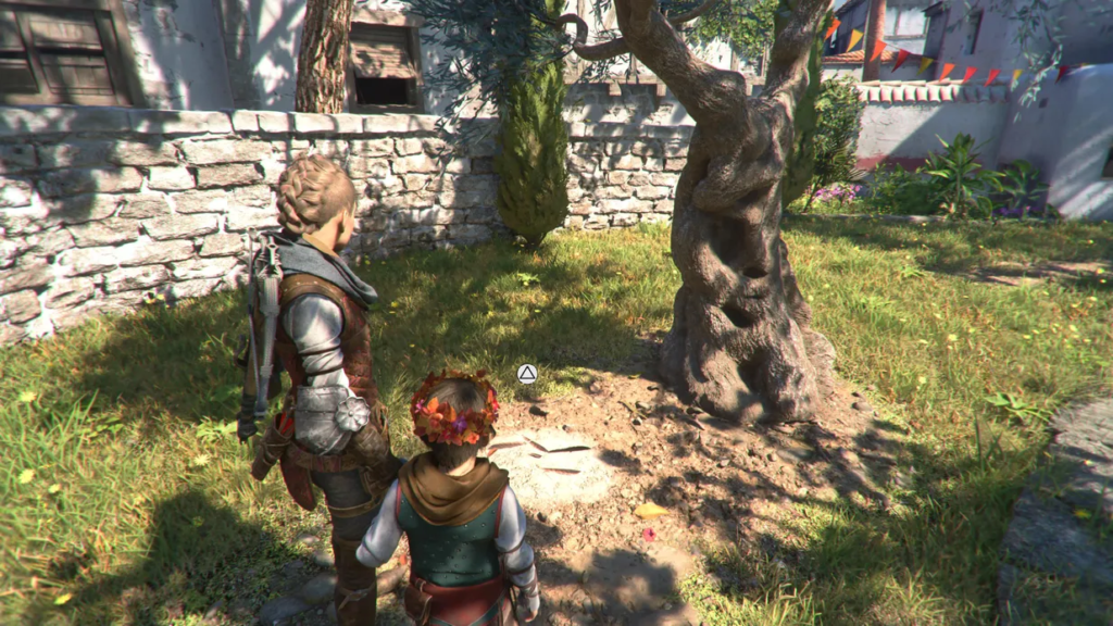 Characters examining a tree in a garden.