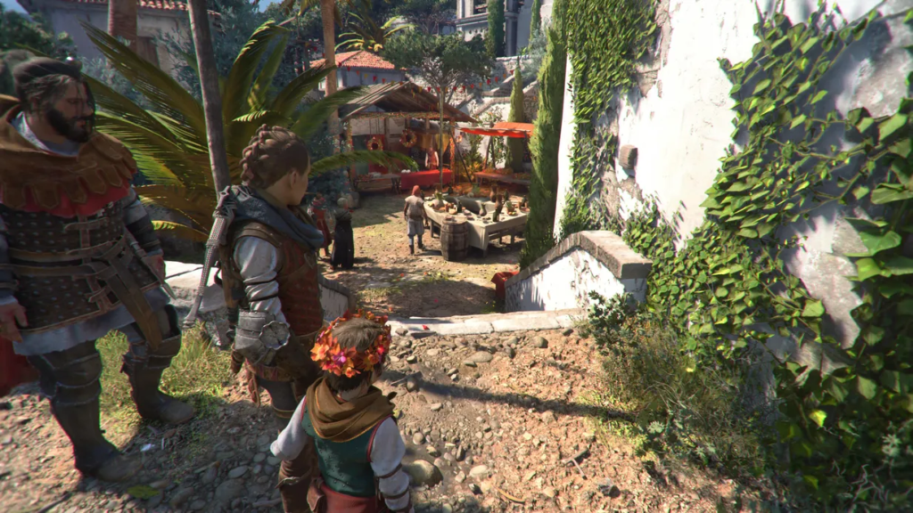 Characters explore a vibrant market in medieval setting.