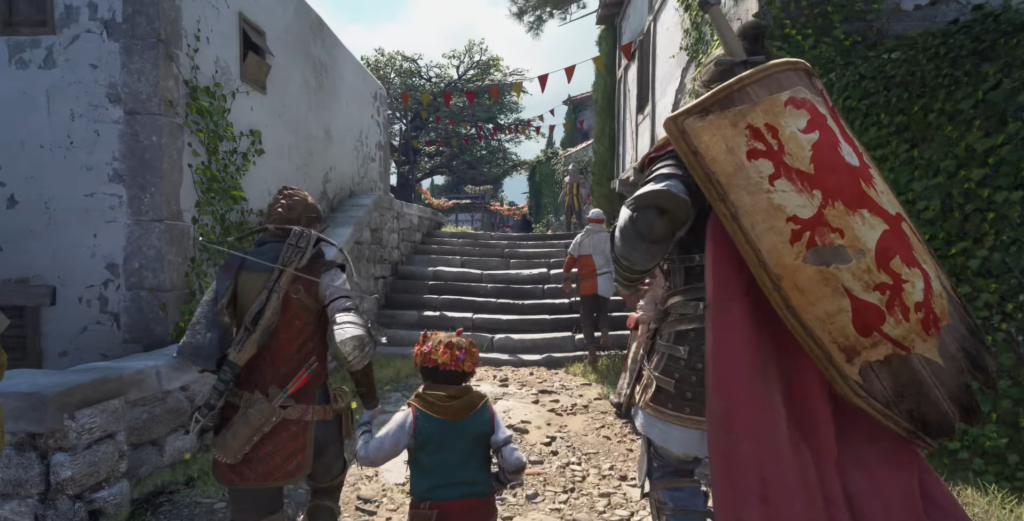 Characters walking up stone steps in village.