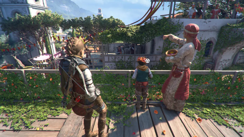 Characters observing a festival in a vibrant setting.