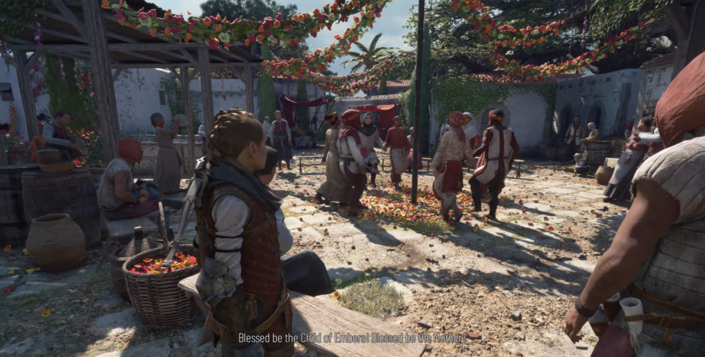 Child observing a festive gathering in a village.