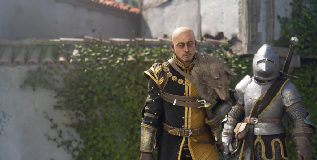 Character holding a wolf pelt beside knight.