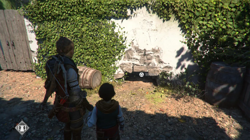 Characters examine a wall covered in ivy.