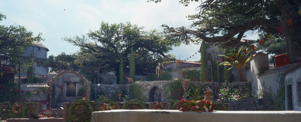 Lush garden with colorful decorations and trees.