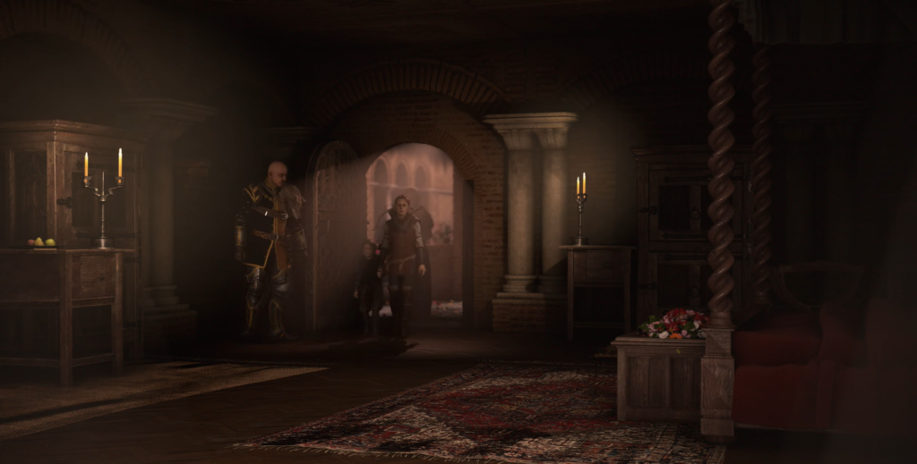 Geralt and Ciri enter a dimly lit room.