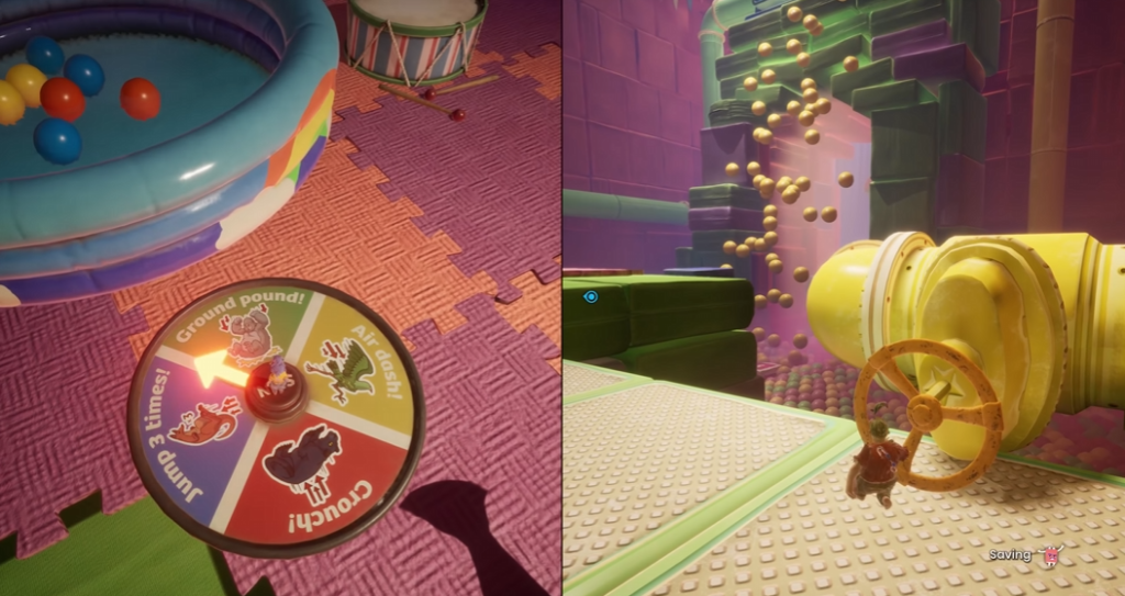 May and Cody turn wheel near yellow pipe indoors