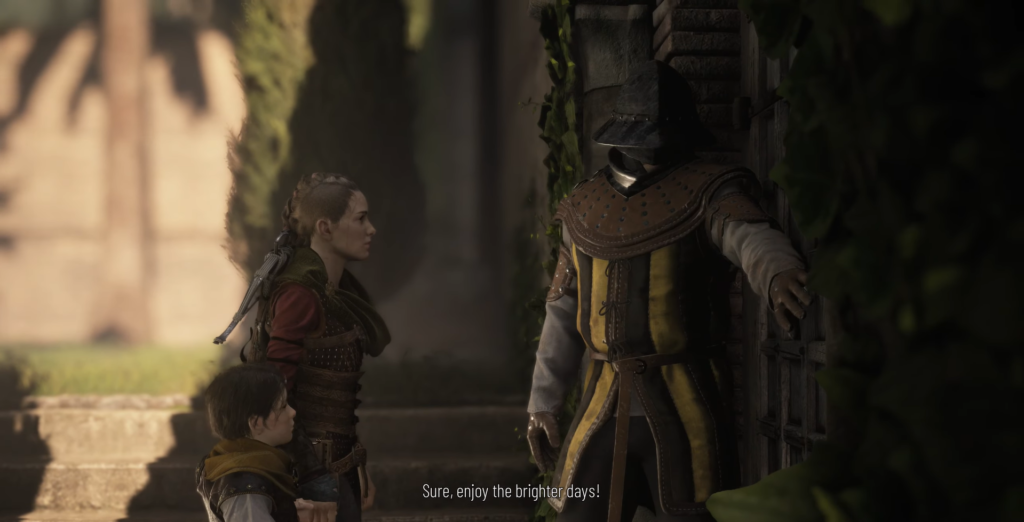 Amicia and Hugo speak to a guard.