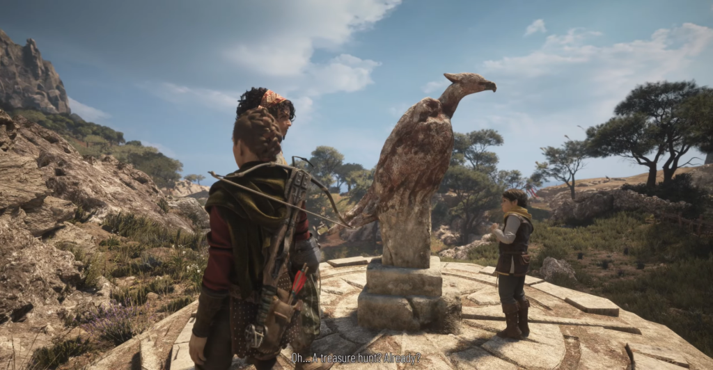 Character examines statue of a bird outdoors.