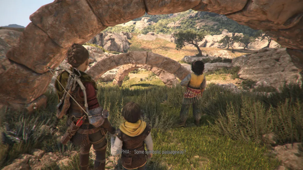 Characters observe ancient ruins in a grassy landscape.