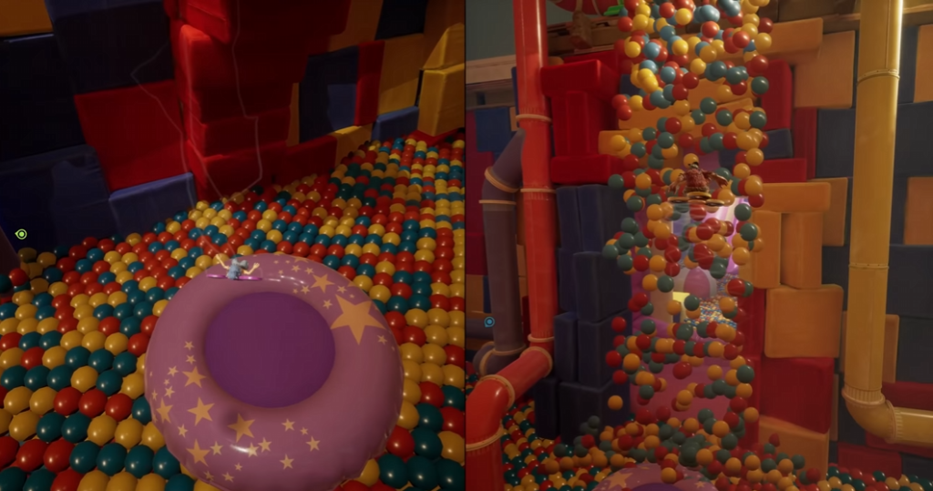 Toy characters climbing through colorful ball pit playground