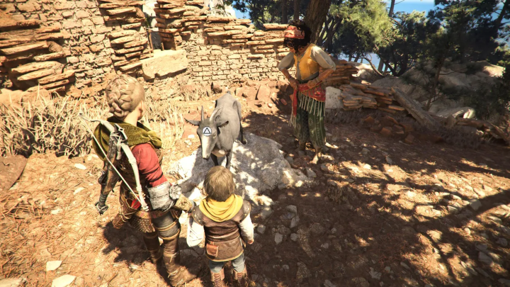 Characters interact with a goat in Assassin's Creed.