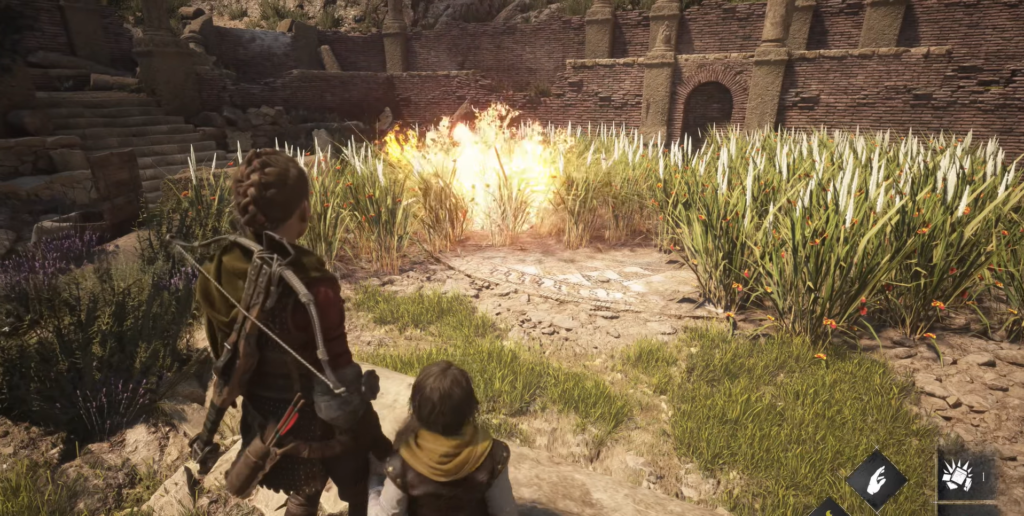 Amicia and Hugo watch flames in A Plague Tale.
