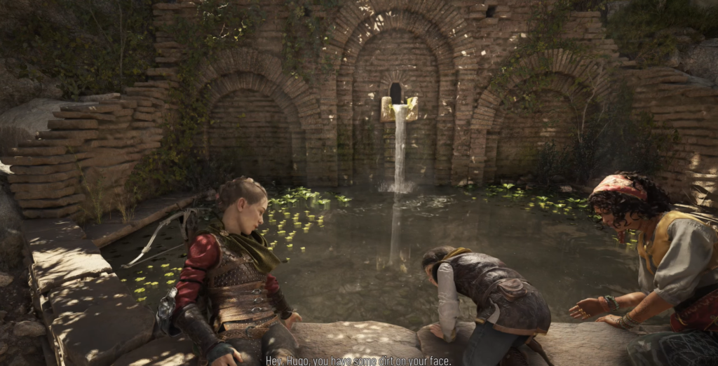 Amicia and Hugo resting by a fountain.