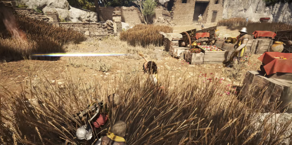 Character crouching in tall grass, Assassin's Creed.