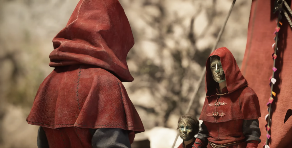 Red-robed figures converse in a desolate landscape.