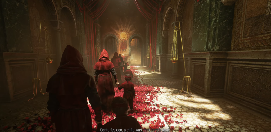 Characters walk through a flower-strewn corridor.
