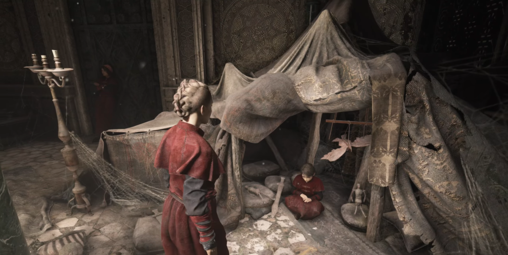 Amicia observing a tent in medieval setting.