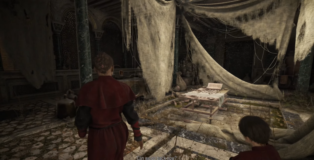 Characters exploring a dusty, abandoned room.