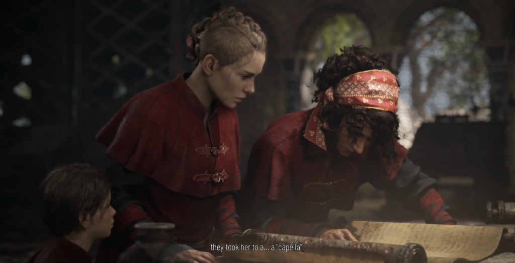 Characters studying a scroll in a medieval setting.