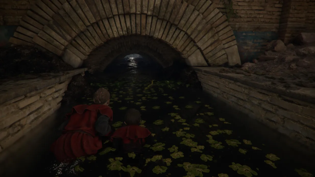 Amicia and Hugo exploring a dark canal.