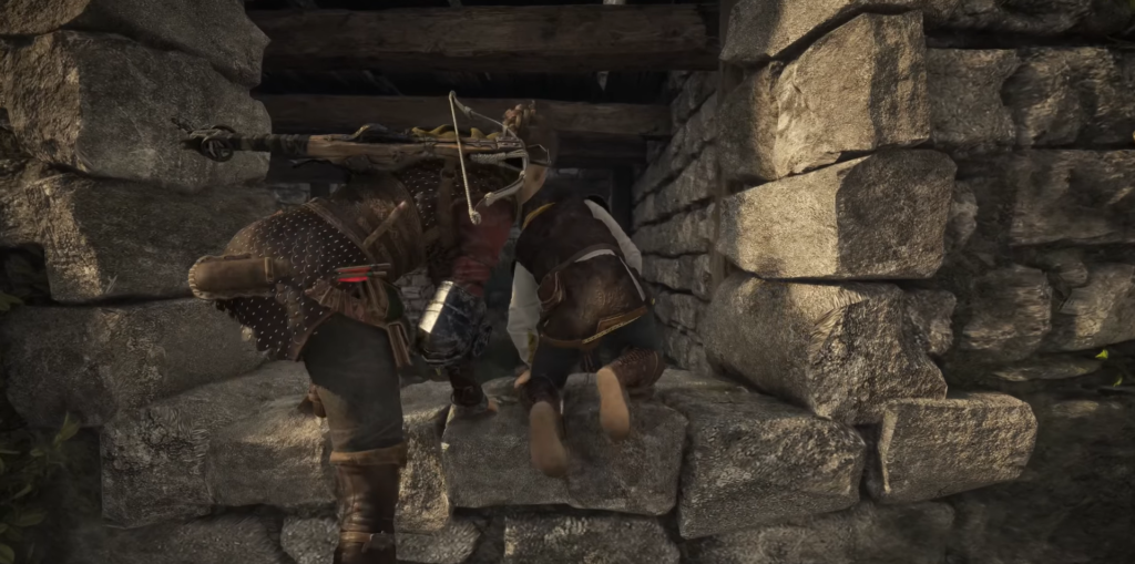 Character climbing through a stone wall in gameplay.