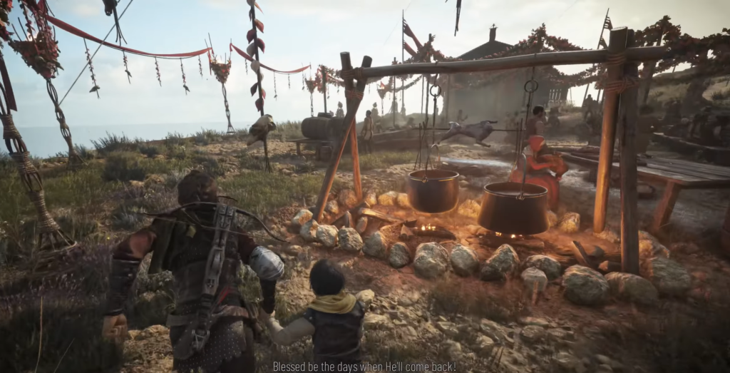 Characters walking towards a cooking scene outdoors.