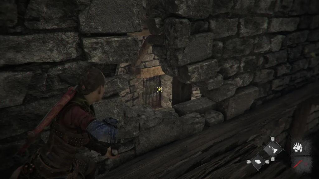 Character aims crossbow through stone wall.