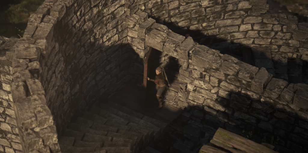 Character exploring stone staircase in Baldur's Gate 3.