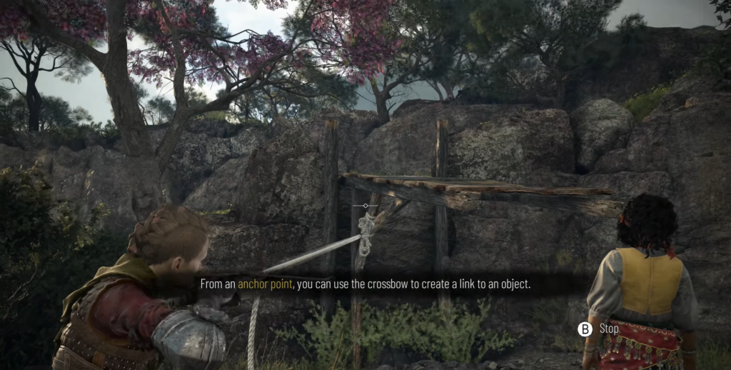 Character aiming crossbow at target in forest.