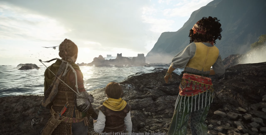 Three characters watching sunset by the sea.