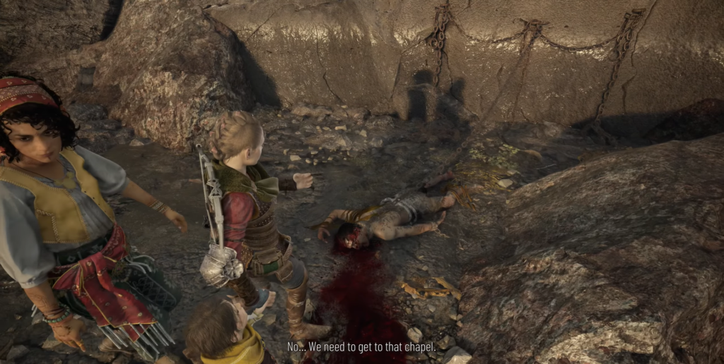 Characters discussing a body near a chapel.