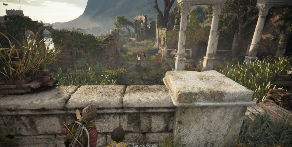 Children observing ruins in a lush landscape.
