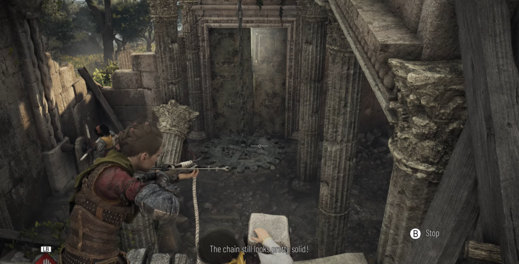 Amicia aims her crossbow in a ruined setting.