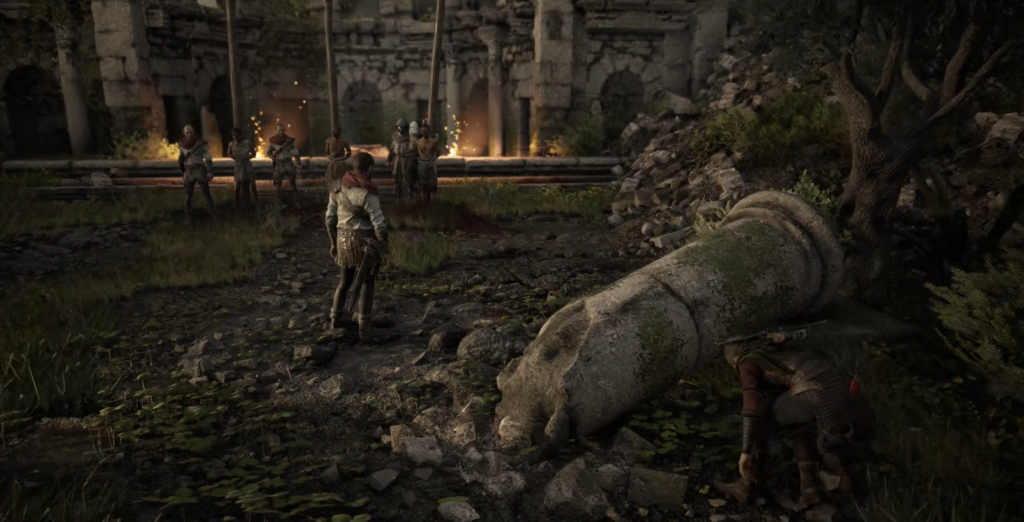 Aloy confronts enemies in a ruined landscape.