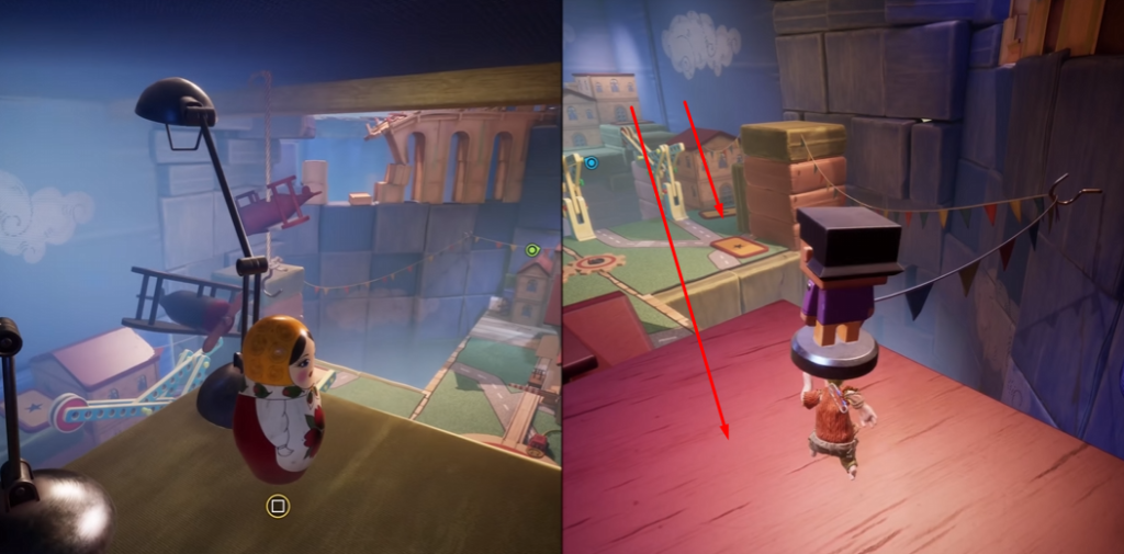 May and Cody carrying doll across toy room platform