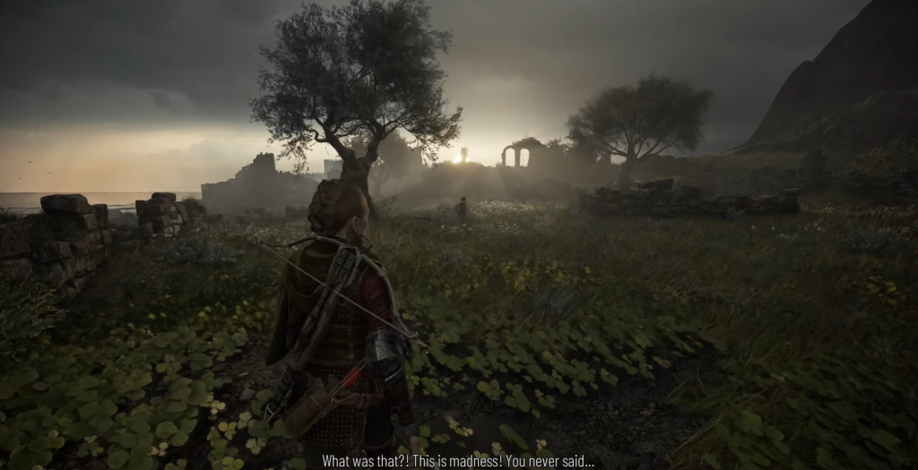 Character explores a dark, overgrown landscape.