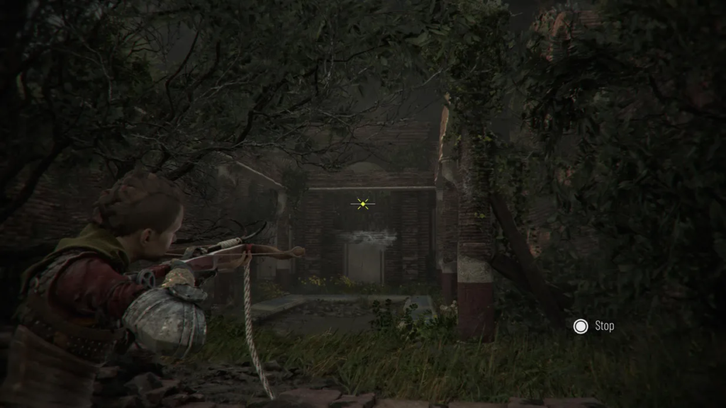 Character aiming a bow in a dark forest.