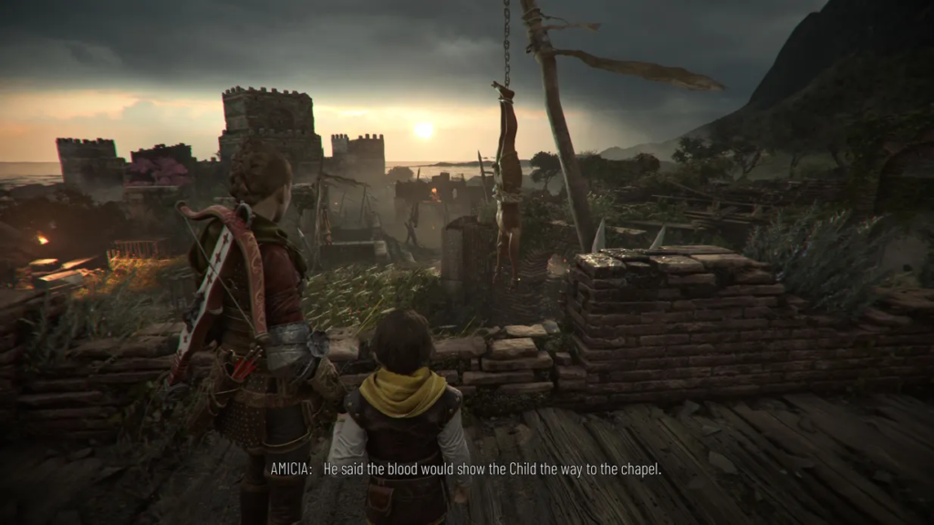 Amicia and Hugo overlooking a medieval landscape.