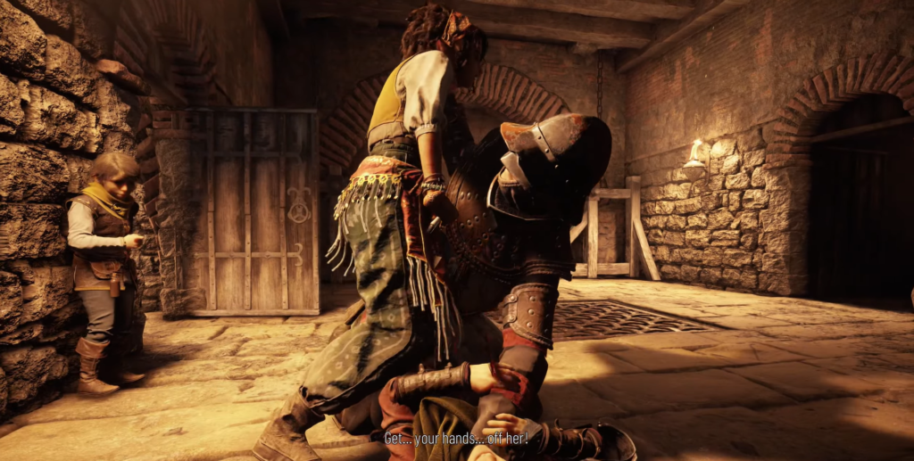 Amicia restrains a guard in medieval setting.