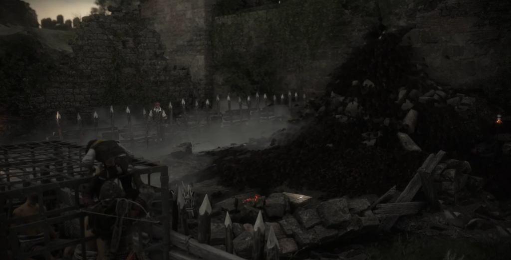 Character stands near a pile of debris.