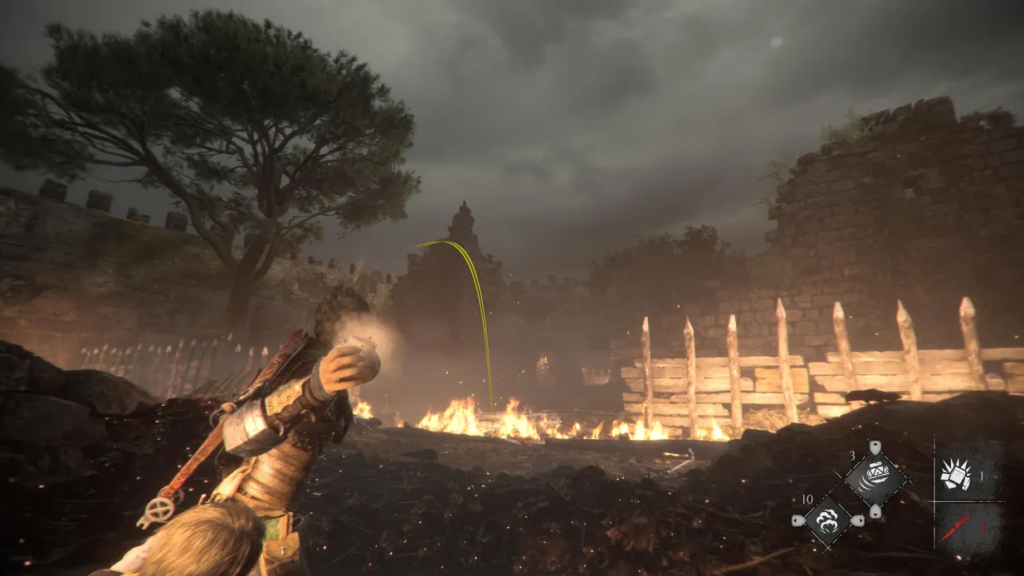 Character aiming a projectile in dark ruins.