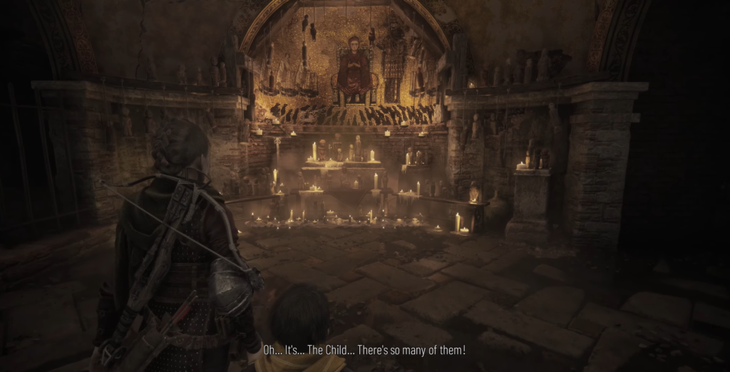 Character looks at altar with candles in dark room.