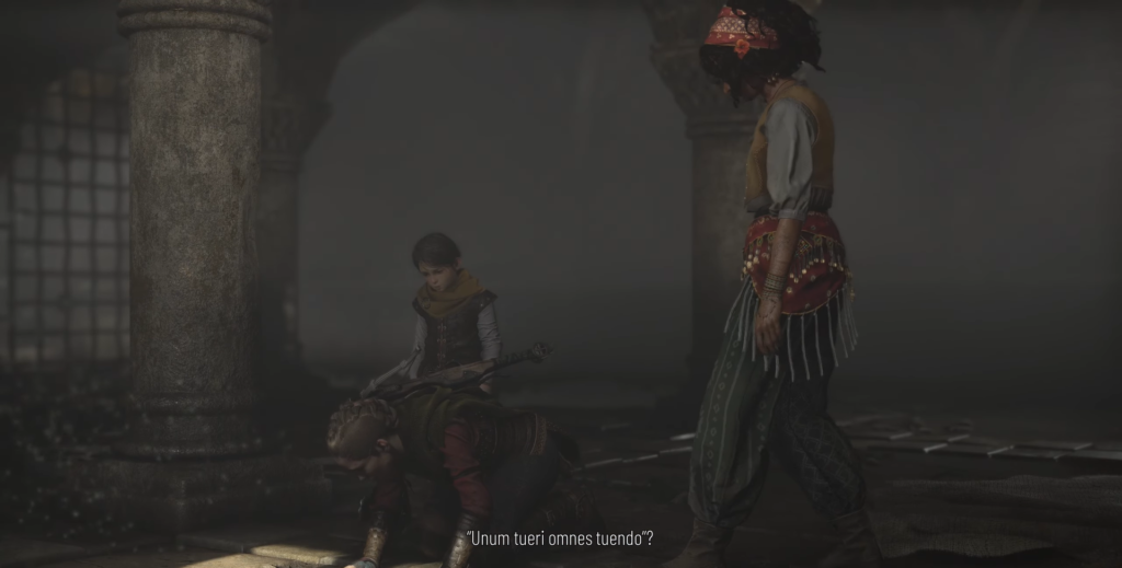 Characters examine a glowing object in ruins.