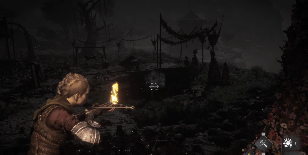 Character aims crossbow in dark, eerie setting.